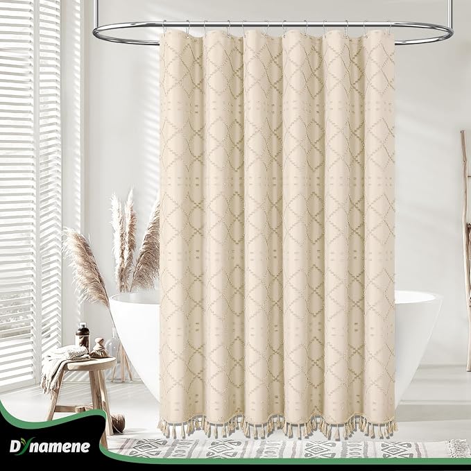 Stall Boho Farmhouse Shower Curtain Tufted Geometric 54"x78" Beige | 54 x 78 inch Long, Elegant Tassel, Lightweight Textured Fabric, Water Repellent, Washable, for Narrow Bathroom/Dorm 10 Hooks