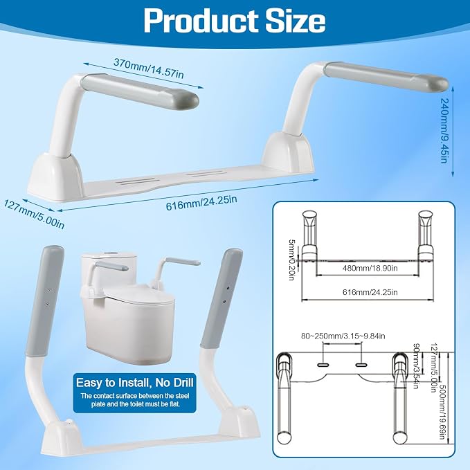 Toilet Safety Rails for Seniors (396 lbs), Adjustable Toilet Handle, Easy Installation and Frame with Arms for The Elderly and Disabled, Pregnant Women or Mobility Issues