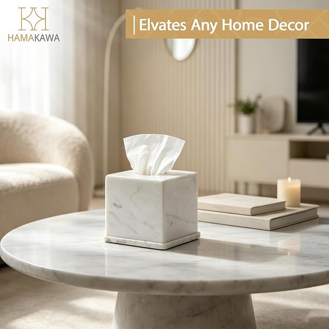 Natural Marble Tissue Box Cover, Volakas White Tissue Organizer 6 x 6 x 5.7 inch, Heavy Stone Decorative Box, Square Tissue Box Holder for Home Decor, Kitchen, Bathroom, Bedroom