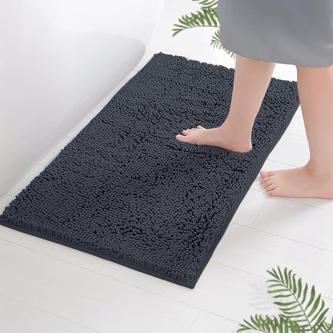 LuxUrux Ultra-Soft Chenille Bath Mat - Plush Microfiber Bathroom Rug, Super Absorbent & Quick-Dry, Cozy Shaggy Design, Machine Washable (24 x 36 inches, Charcoal)