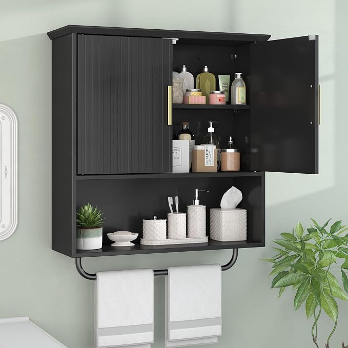 Wall Mounted Cabinet with Towel Bar & Shelves for Kitchen Bathroom | Black Space Saving Wood Bathroom Wall Cabinet 2 Doors for Laundry, Kitchen, Living Room