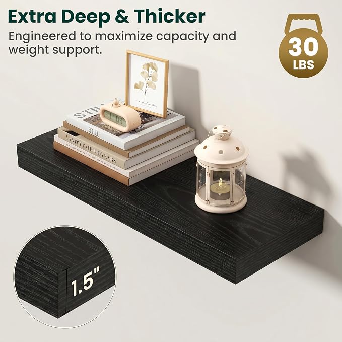 Floating Shelves for Wall, 24 Inch x 8 Inch Deep Wall Mounted Wood Shelf with Invisible Brackets for Storage & Display, Living Room Bedroom Kitchen, Black, Set of 2