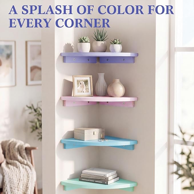 RattanView Corner Floating Shelves Set of 4 Macaron Corner Shelf Wall Mount | 9.8inch Colorful Rounded Shelves for Bathroom Bedroom Kitchen, Cute Wood Corner Shelves for Small Spaces Apartment Decor