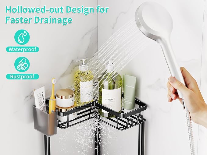 HapiRm Standing Shower Caddy Corner - 3 Tier Corner Shower Organizer with Toothbrush Holder and 12 Hooks, Large Capacity Rustproof Bathroom Shelves for Tall Bottles, Black