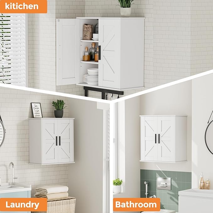 Homleke Bathroom Wall Cabinet, Medicine Cabinet with Adjustable Shelves | 3-Tier Wall Mounted Over Toilet Storage with Barn Doors, for Bathroom, Kitchen, Entryway, Laundry Room, White, (11.8" D)