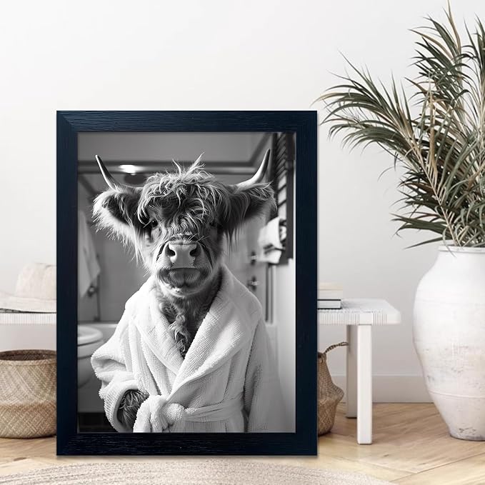 Highland Cow Brushing Teeth Bathroom Wall Decor, Black and White Cow Bathroom Wall Art, Framed Funny Cow Pictures Guest Restroom Decor