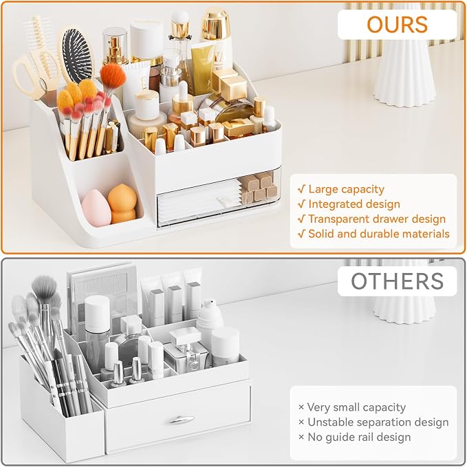 White Makeup Organizer Countertop,Large Cosmetics Storage Organizer for Make up Brush,Hair Products and Beauty Skincare Organizers,Plastic Makeup Holders and Organizers for Bathroom,Vanity,Desk