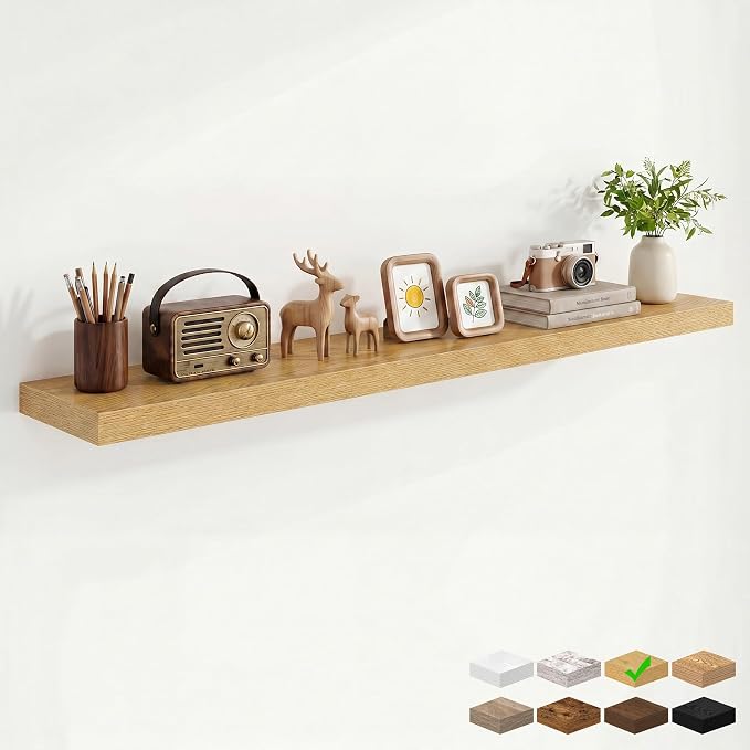 Marsmiles 9.25in Depth 55in Floating Shelves, 55x9.25x1.4, Oak, Set of 1 | Long Wall Mounted Engineered Wood Shelves with Invisible Brackets for Living Room, Bedroom, Bathroom, Kitchen