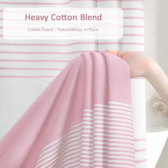 Pink Boho Cotton Striped Shower Curtain with Tassel 72" W X 72" L | Boho Farmhouse Shower Curtains for Bathroom with Soft Cotton Feel