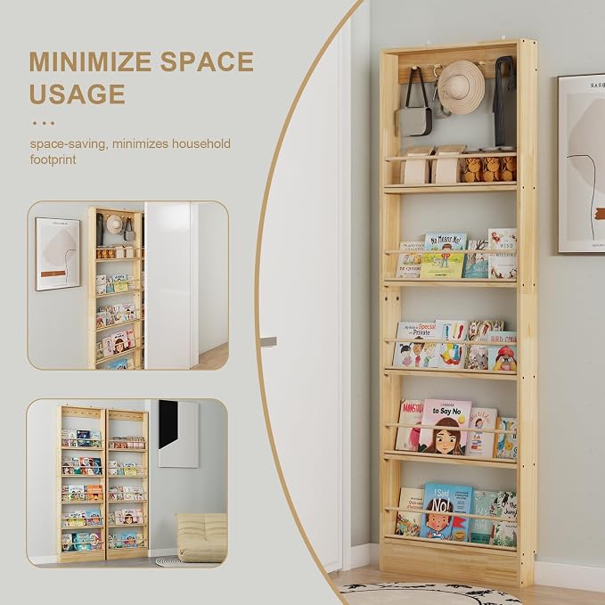 Wall Mounted Bookshelf, 5 Tier Floating Book Shelf with Hooks, Wooden Nursery Book Shelves for Wall, Space Saving Wall Organizer with Anti Tip Design for Bedroom, Living Room, Playroom
