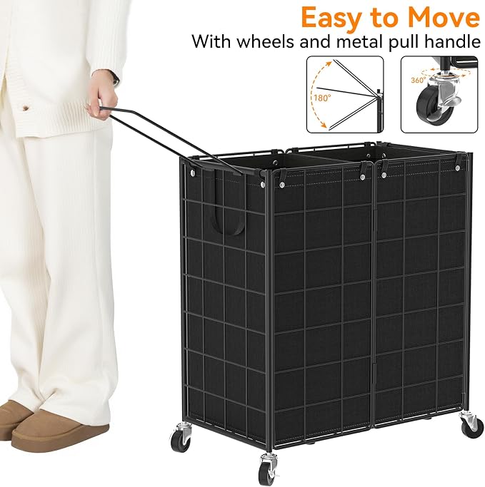WOWLIVE Double Laundry Hamper with Wheels, Metal Rolling Laundry Basket | Wire Frame Hamper with 2 Removable Bags, 120L Dirty Clothes Hamper Organizer Dorm Room Storage for Bedroom, Black