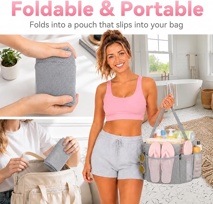 Mesh Shower Caddy Portable for Dorm College Room Essentials, 8-Pocket Large Shower Bag with Single Handles, Hanging Shower Basket for Beach, Swimming, Bathroom, Beach, Grey