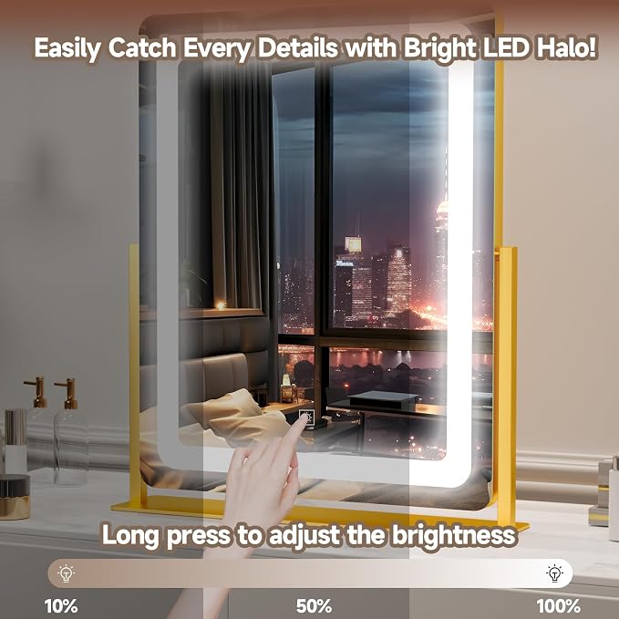PRIMETEK Vanity Mirror with Lights, 19"x22" Large Makeup Mirror with Lights, LED Lighted Makeup Mirror, Touch Screen with 3-Color Lighting, Dimmable for Vanity Desk Tabletop, Bedroom, Gold