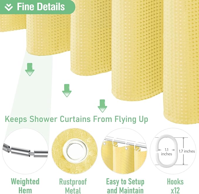 Waffle Shower Curtain 256 GSM Heavy Duty Fabric 72"x72" Yellow | Thick Polyester Cloth, Weighted Hem, Water Repellent & Washable, Hotel Luxury Spa, Shower Curtain Set for Bathroom 12 Hooks