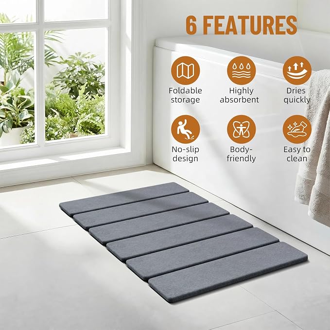 Luxspire Stone Bath Mat, Diatomaceous Earth Bath Mat 24x16 in, Dark Gray | Quick & fast drying diatomaceous earth, Non-slip rubber base, Easy-clean surface for bathroom floor & outside shower