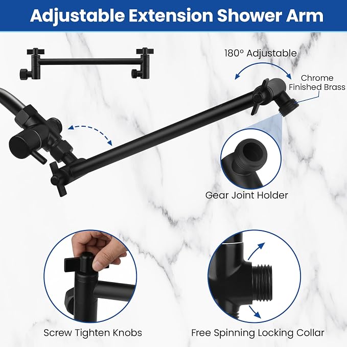 Shower Head, 8'' High Pressure Rainfall/Handheld Shower Combo, Matte Black | 9 Settings, Anti-leak Shower Head with 11'' Extension Arm, Holder, Hose, Height/Angle Adjustable Shower, 1.75GPM