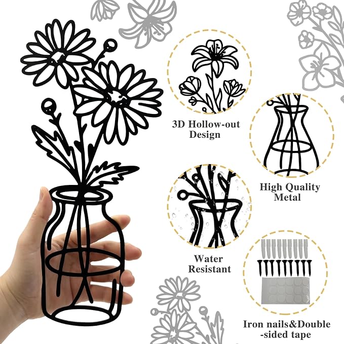 3 Pcs Metal Flowers Wall Arts,Black Metal Vase Wall Art,Iron Art Painting,Rustic Farmhouse Decor Minimalist Flower Decor for Bedroom Bathroom Living Room Dining Room(Black, Vase-A)