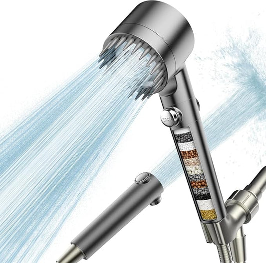 PWERAN Filtered Shower Head with Handheld,High Pressure Shower Heads Filter | ON/OFF Switch,4 Spray,Built-in Power Wash,Detachable Showerhead,Silicone Massage Brush,Remove Chlorine,Reduces Dry Itchy Skin