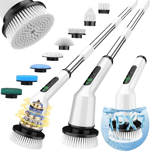 Electric Spin Scrubber for Bathroom, Shower Scrubber with Long Handle | Shower Cleaner Brushes, IPX7 Waterproof & 2 Speed, 8 Brush Heads, 90min Runtime, Bathroom Cleaning Supplies for Toilet Tub