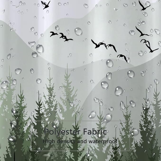 LLSCL Fabric Shower Curtain Liner with Magnets, Green Forest Waterproof Hotel Quality, 72 x 72 Machine Washable