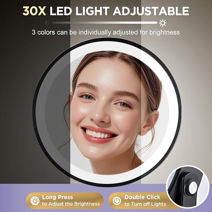 30X Magnifying Mirror with Lights-Matte Black 8" Dual Sided | (1X/30X) Lighted Makeup Mirror, 360° Swivel, 5000mAh Rechargeable Side Touch & Side Charging, 3 Colors & Dimmable Brightness