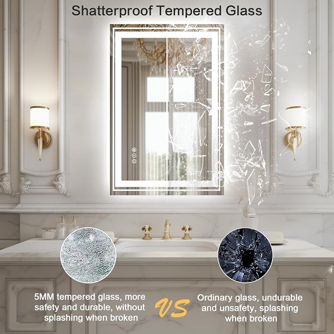 WTTY 28" x 36" LED Bathroom Mirror with Light | Anti-Fog, Dimmable, 3 Color Temperature, Memory Function, Tempered Glass, IP54 Waterproof, ETL Listed