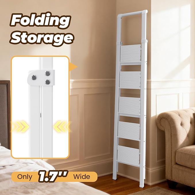 HBTower 5 Step Ladder, Lightweight Aluminum Folding Step Stool | Anti-Slip Wide Pedal, 330lbs Capacity Step Ladder for Household Kitchen Office, White