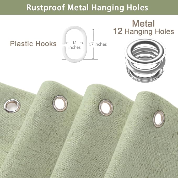 Scalloped Shower Curtain Linen Boho Flax Green 72" W x 72" L | Linen Fabric, Black Border, Washable, Heavy Duty Cloth, Shower Curtain for Boho Farmhouse Bathroom Bathtub