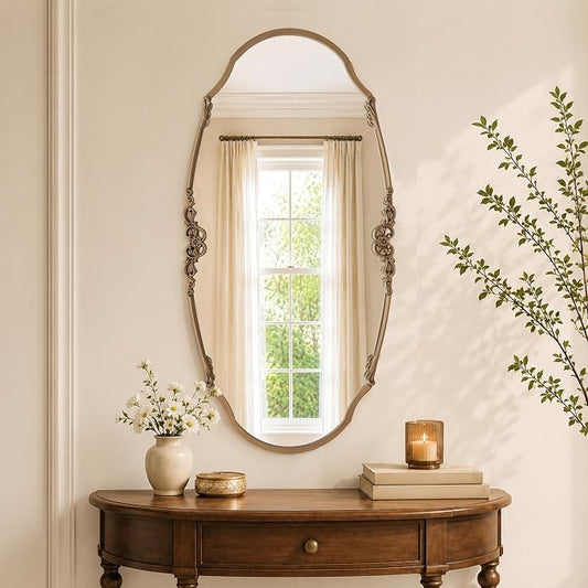 Besdomus Large Vintage Decorative Mirror: 20"x42" Brass Gold Vanity Mirrors | Vertical or Horizontal Hanging for Living room/Entryway/Bedroom - Antique Baroque Ornate for French Style/Vintage Lovers