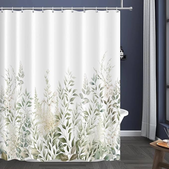 Tititex Retro Sage Green Leaves Shower Curtain, Light White Floral Plant Bathroom Decoration Shower Curtain Sets 71x71 Inch with Hooks