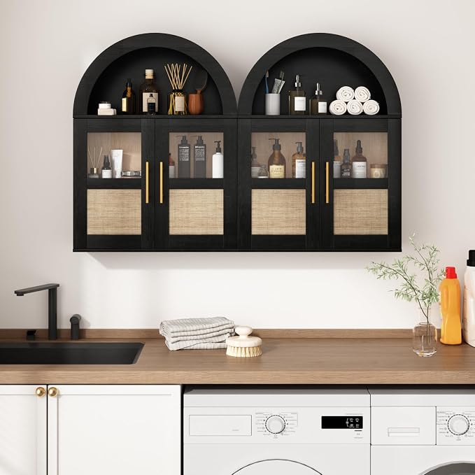 RUSTOWN Arched Bathroom Wall Cabinet with 2 Glass & Rattan Doors | Rattan Medicine Cabinet, Farmhouse Over the Toilet Storage Cabinet, Adjustable Shelves, 3-Tier Wall Mounted Cabinets