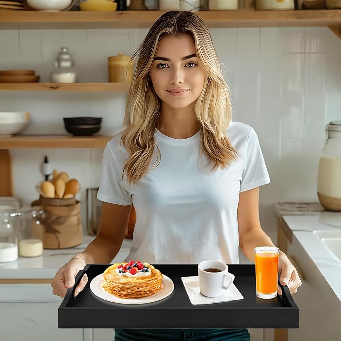 RRX Bamboo Food Serving Tray with Handles,Breakfast Bed Tray (Black) | Wood Tray for Tea, Snack, Dinner, Home Decorative Storage Food, Platter, Ottoman for Kitchen Counter, Bathroom, Restaurant