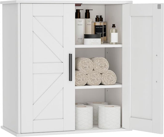 Homleke Bathroom Wall Cabinet, Medicine Cabinet with Adjustable Shelves | 3-Tier Wall Mounted Over Toilet Storage with Barn Doors, for Bathroom, Kitchen, Entryway, Laundry Room, White, (11.8" D)