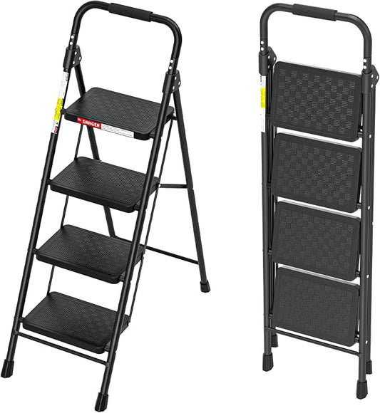 HBTower 4 Step Ladder with Wide Anti-Slip Pedal and Cushioned Handle | Step Stool Foldable with 330 lbs Capacity for Home and Kitchen, Black