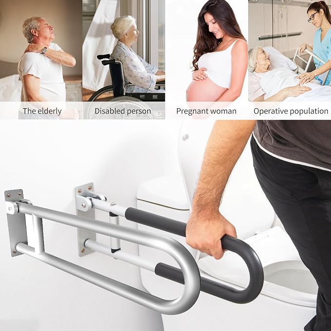 28 Inch Toilet Grab Bar Flip Up Aluminum Handicap Rails Grab Bars Load Capacity of 100 kg 220 lbs Toilet Rail Bathroom U Shaped and Wall Mount Safety for Pregnant Injured Patients 28 in Silver
