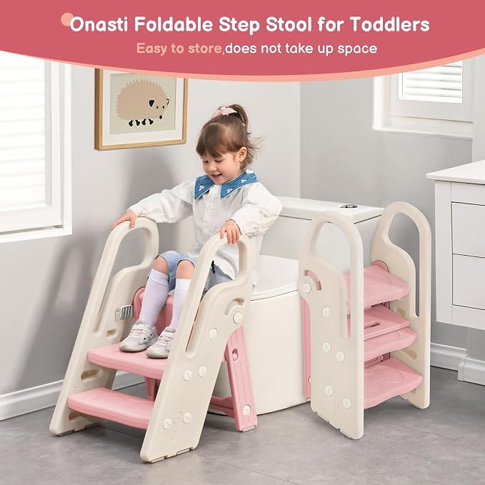 Foldable Toddler Step Stool for Bathroom Sink, Adjustable 3 Step Stool for Kids Toilet Potty Training Stool with Handles, Child Kitchen Counter Stool Helper, Plastic Ladder for Toddlers Pink