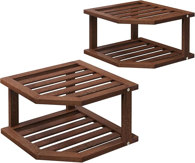 VERTORGAN 2 Tier Bamboo Dish Drying Rack,Corner Shelf 2 Pack(Brown) | Pantry Storage,Dish Rack,Spice Rack,Corner Organizer,Kitchen Counter Shelves,Kitchen Storage,Holds Plates