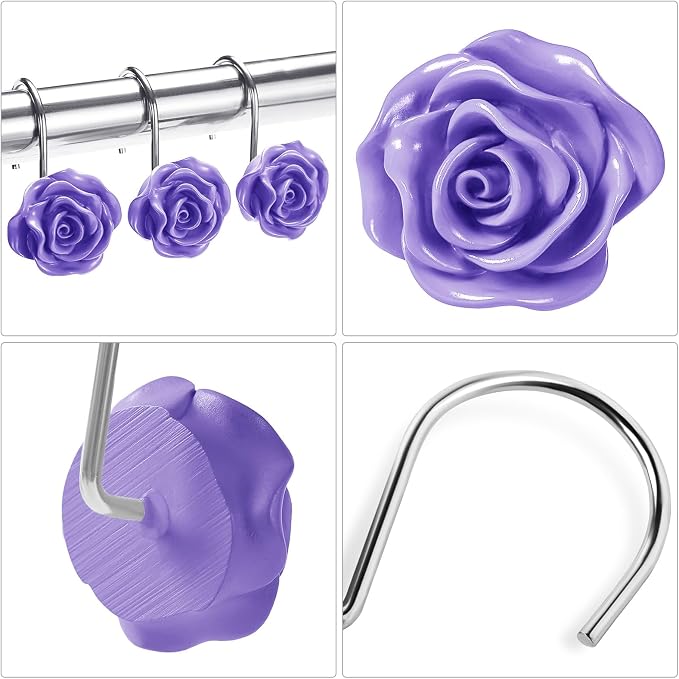 Cute Rose Floral Shower Curtain Hooks Rings for Bathroom,Purple 12PCS | Metal Rustproof Curtain Hooks Shower Rings,Girls Decorative Flower Bathroom Decor,for Bathroom Shower Rods