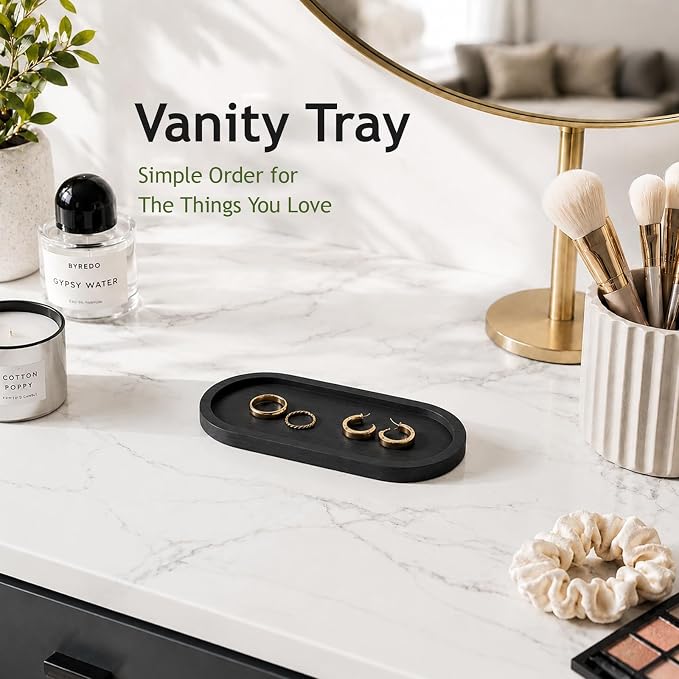 SheeChung Bathroom Counter Tray, Small Bamboo Vanity Tray - 6.9" x 3.5" | 2 PCS Black, Decorative Countertop Organizer for Soap Dispenser, Perfume, Jewelry, Catchall, Makeup, Candle, Coffee Table