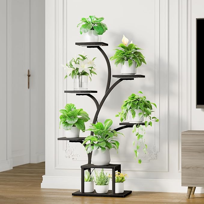 BACEKOLL Plant Stand Indoor with Grow Light, 7 Tier 49" Lighted Plant Shelf | Tree-Shaped Tall Holder with Full Spectrum Light for Indoor Growing, Sturdy Metal Rack for Home Corner, Space-Saving, Black