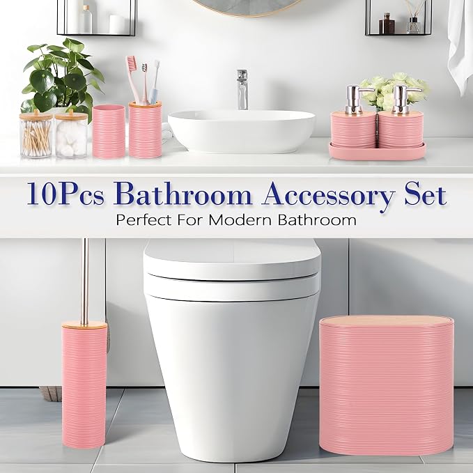 10 PCS Pink Bathroom Accessories Set with Trash Can Bathroom Accessory | All-in-One Kit with Trash Can,Toothbrush Holder,Soap Dispenser,Toothbrush Cup,Vanity Tray,Soap Dish,Toilet Brush etc for Home
