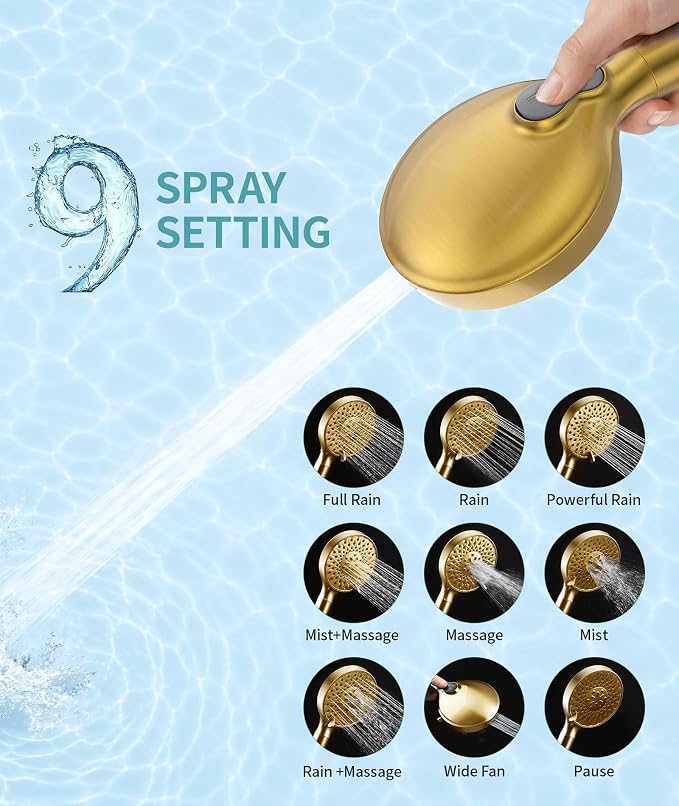 SR SUN RISE Filtered Shower Head with Handheld High Pressure 9 Spray Mode Showerhead Detachable Shower Head Water Softener Filters 1 Filter Brushed Gold