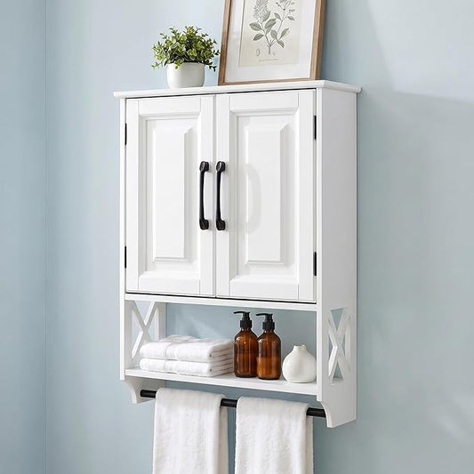 Bathroom Wall Cabinet, 25"x19" Farmhouse Wall Mounted Medicine Cabinet with 2 Raised Panel Doors, Adjustable Shelf & Towel Bar–Over Toilet Storage Organizer for Laundry Room, Entryway or Small Spaces