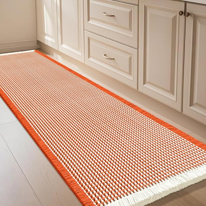 Waffle Bath Mat Orange & Cream 5'x2', Boho Woven Modern Bath Mat Rugs, Absorbent Non Slip Bathroom Rugs, Soft Washable Bath Rugs with Tassels for Bathroom, Bedroom, Kitchen, Shower, Tub