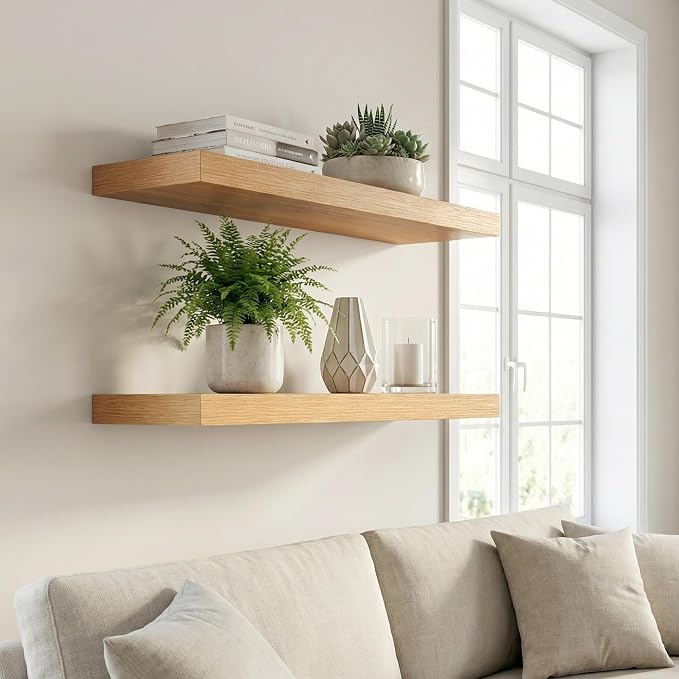 24 in Floating Shelves for Wall Decor Color Oak,Pack 2 | Modern floating shelves for living room,bedroom,kitchen and bath.Organize & display books,photos and decor.easy mount,sturdy.
