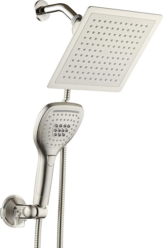 DreamSpa Ultra-Luxury 9-inch Square Rainfall & Handheld Shower Head Combo | Enjoy Extra-wide Flow Coverage and Convenient Push-button Hand Shower Mode Control. Premium Stainless Steel Hose / Nickel