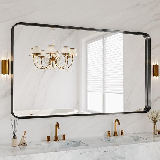 60x36 Inch Bathroom Mirror for Wall, Matte Black Metal Framed Vanity Mirror | for Restroom Farmhouse, Anti-Rust, HD Tempered Glass, Hangs Horizontally or Vertically