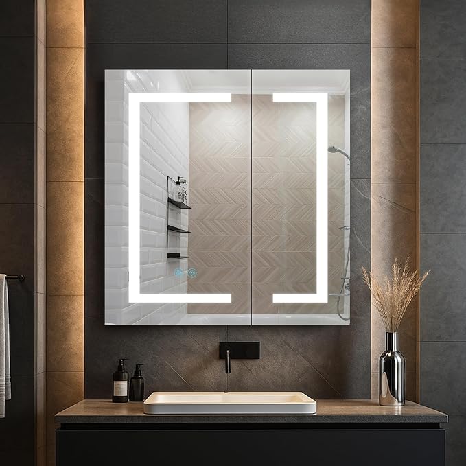 Blossom LED Medicine Cabinet Mirror for Bathroom 25x26 Inch, Recessed/Surface Mounted Lighted Medicine Cabinet with Mirror, Defogger, 3-Color Dimmer, Wall Mounted Storage Cabinet