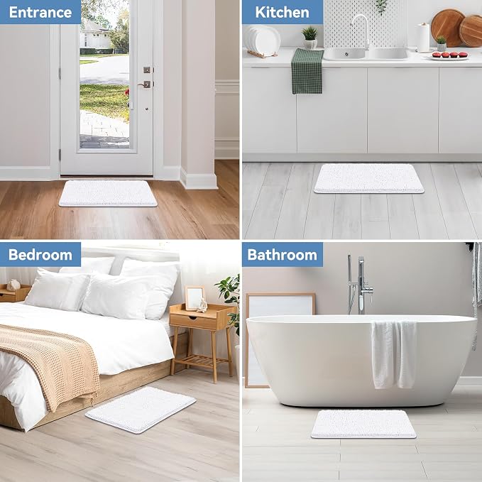 Bcoimo Bath Rug Mat,Chenille Extra Soft White Bathroom Floor Shower Tub Mat | Non Slip with Rubber Backing Bathroom Rugs;High Absorbent And Quick Dry 36x24 Microfiber mat; Machine Washable;Extra Soft mat
