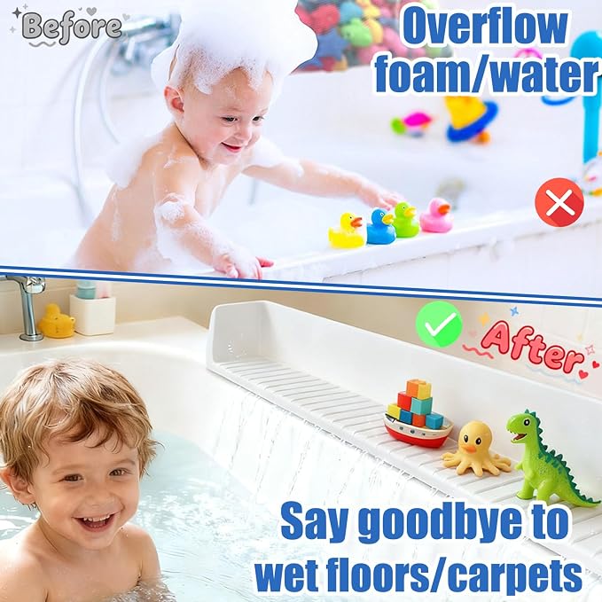2Pack Bathtub Splash Guard for Kids Adult - 31IN Silicone Bath Tray Shelf for Tub with 11 Suction Cups, Bath Tub Play Shelf for Kids & Toy Holder, Bathtub Accessories Prevent Water Spill in Bathroom